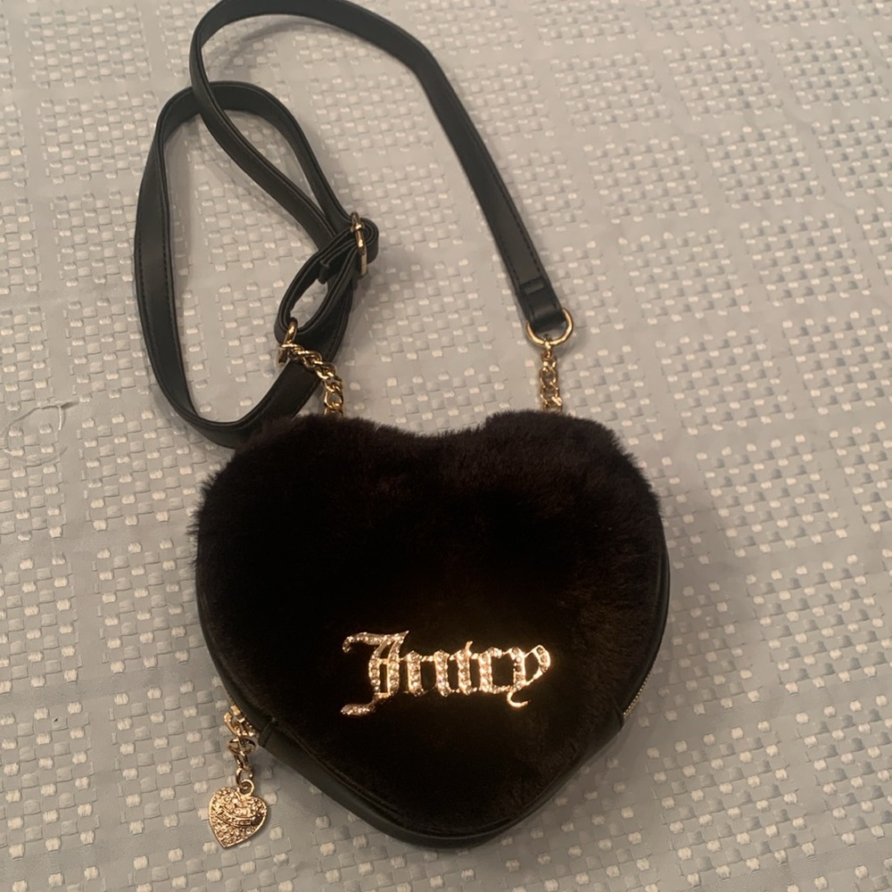 Juicy Couture black faux leather and fur heart shaped crossbody bag